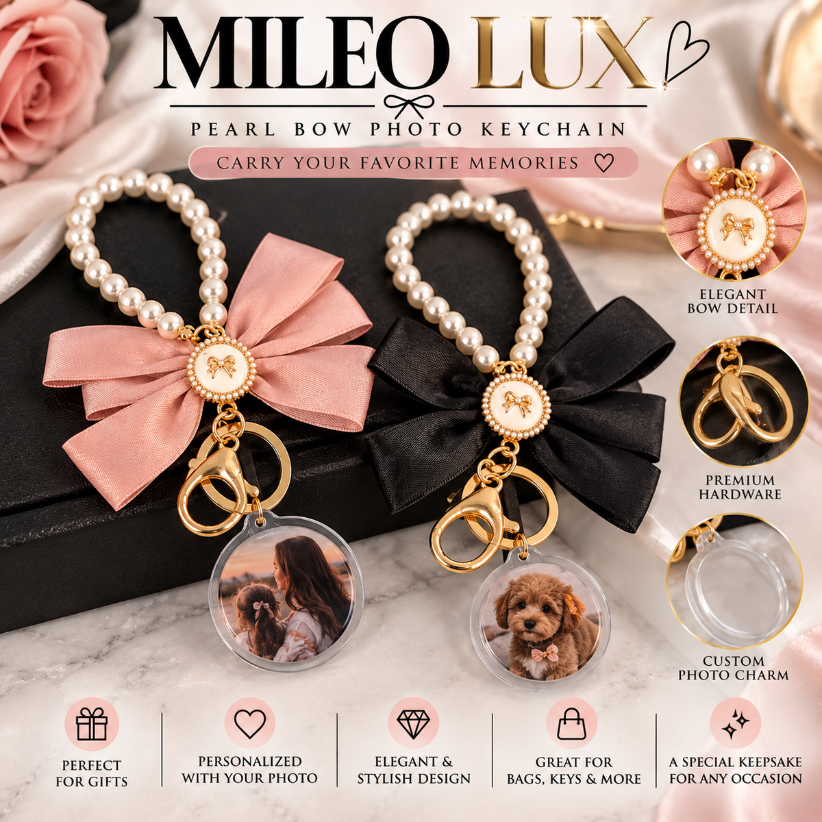 MiLeo Lux Pearl Bow Photo Keychain🎀